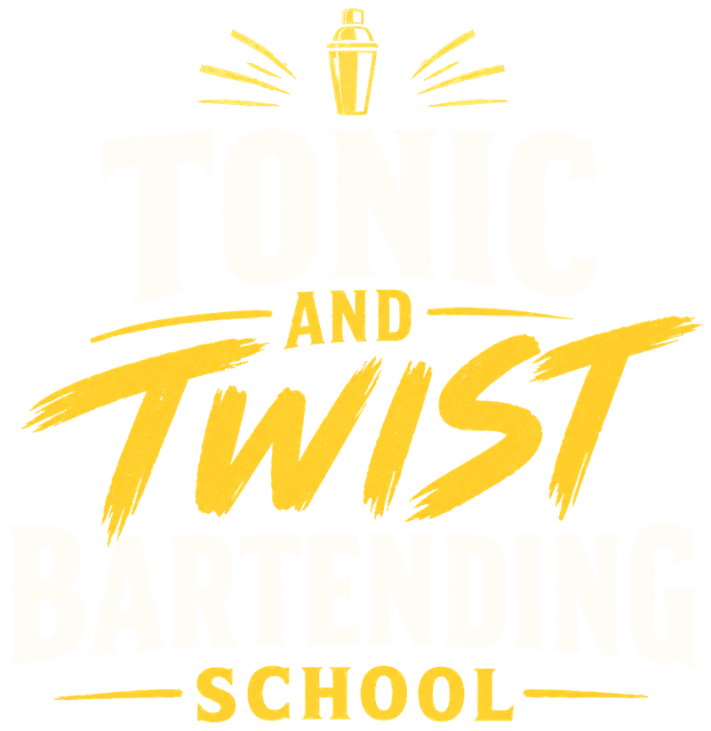 Tonic and Twist Bartending School logo with a gold cocktail shaker